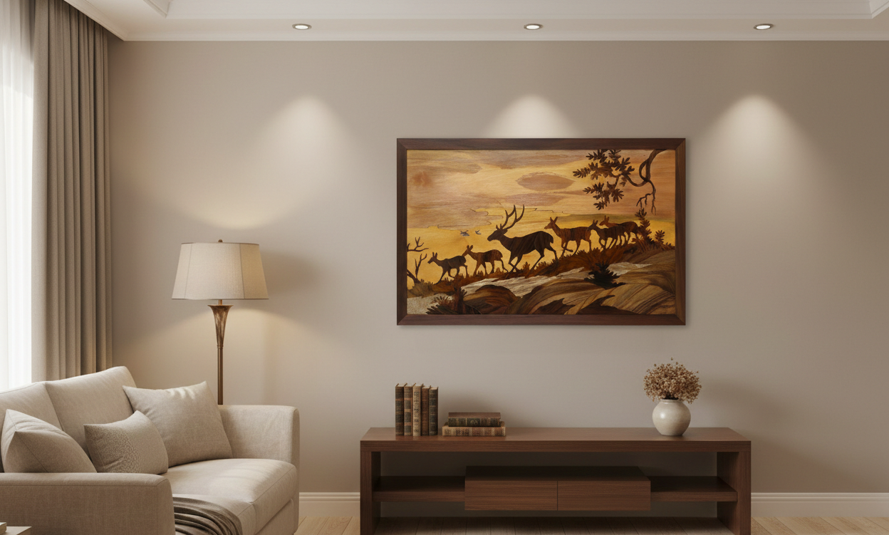 Mysore rosewood inlay wall art depicting deer silhouettes displayed in a warm living room with wooden interiors, showcasing traditional Indian craftsmanship as a heritage décor accent.