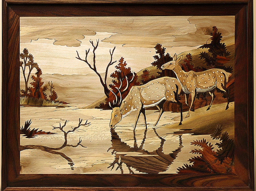 Mysore Rosewood Inlay – Deer Scenery Theme Wall Panel