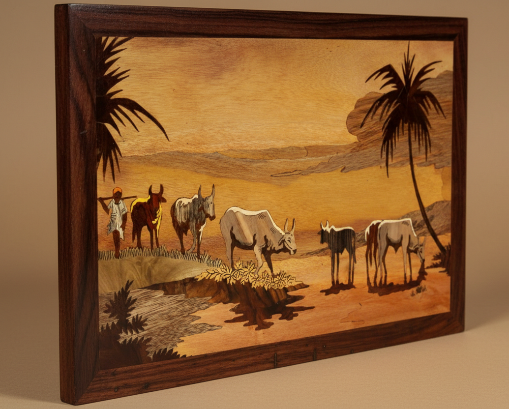 Side view of Mysore rosewood inlay farming theme wall panel showing depth, frame thickness, and traditional handcrafted wood construction on a warm background