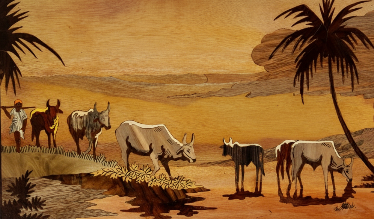 Close-up of Mysore rosewood inlay artwork showing intricate handcrafted details of rural farming figures and natural wood inlay craftsmanship