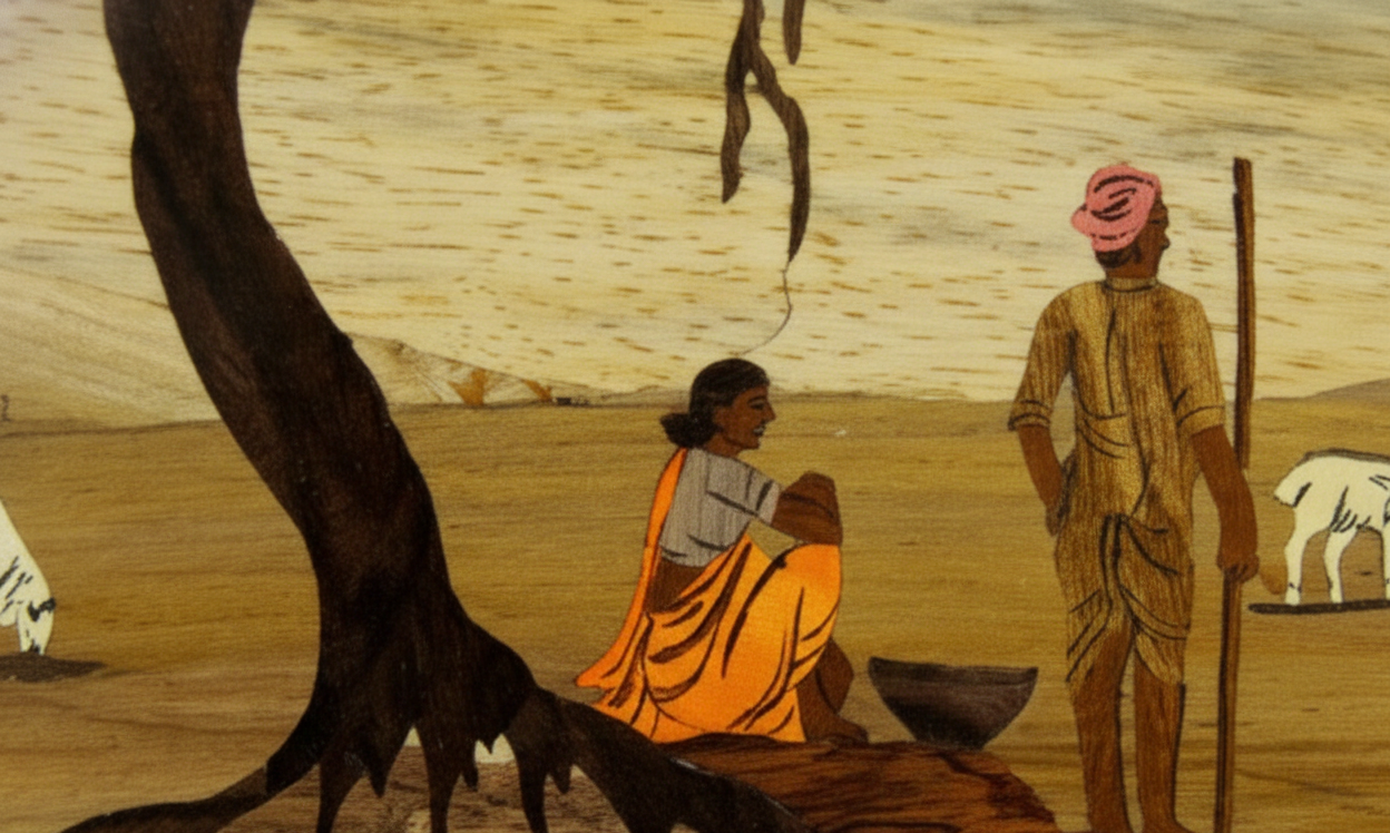 Close-up of detailed Mysore rosewood inlay work showing goats and landscape elements crafted from contrasting natural woods using traditional hand-inlay techniques.