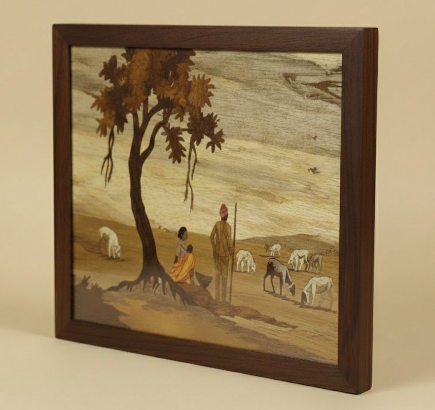 Side view of a framed Mysore rosewood inlay artwork highlighting the thickness of the rosewood base, handcrafted frame, and traditional construction.