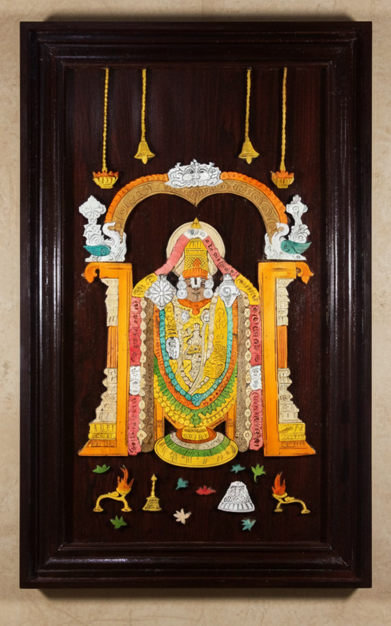 Full view of a framed Mysore rosewood inlay artwork depicting Lord Venkateshwara in a three-dimensional style, handcrafted in Mysuru using layered rosewood, yellowwood, ebony, and traditional white composite inlay, finished with beeswax polish, set against a warm background.
