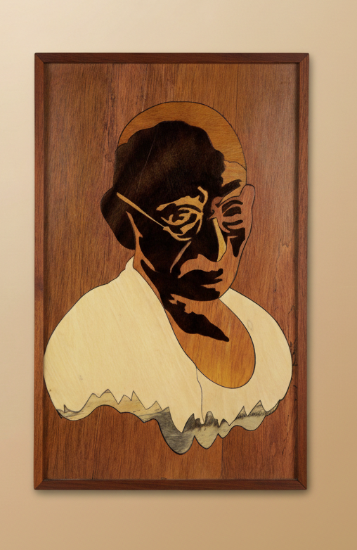Full view of a handcrafted Mysore rosewood inlay artwork depicting Mahatma Gandhi, made using traditional inlay techniques with yellowwood, ebony, and white composite materials, framed and finished with beeswax polish in Mysore, Karnataka.