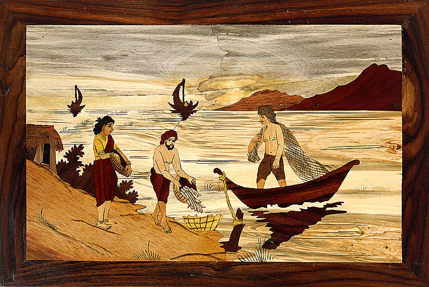 Mysore Rosewood Inlay Wall Panel – Fishing Scene