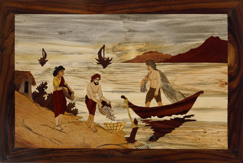Framed Mysore rosewood inlay wall panel featuring a traditional fishing scene, handcrafted using the GI-certified Mysore inlay technique from Karnataka.
