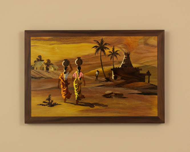 Framed Mysore rosewood inlay artwork depicting women carrying water in a rural village scene, handcrafted using traditional inlay techniques from Karnataka, India.