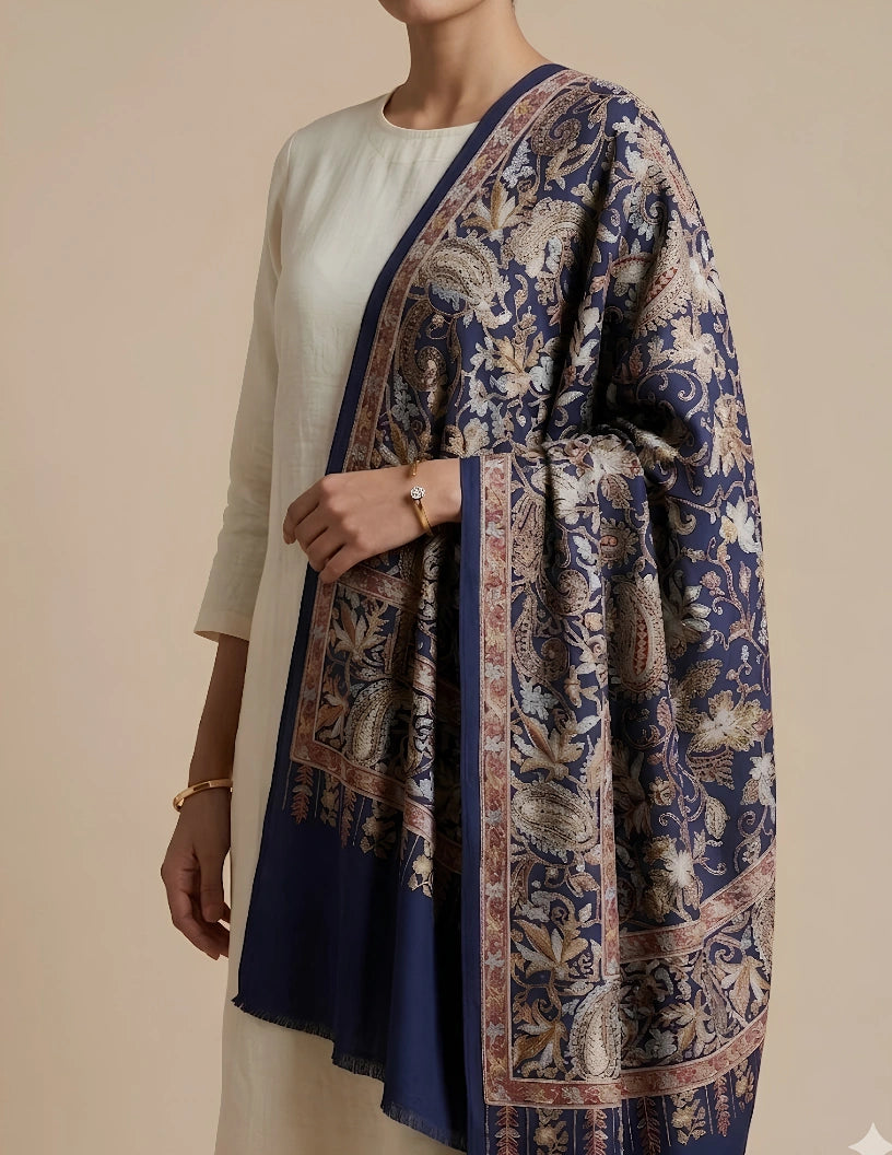Nilufar Kalamkari Stole (Unisex) – Navy Multicolour Paisley Wool Silk