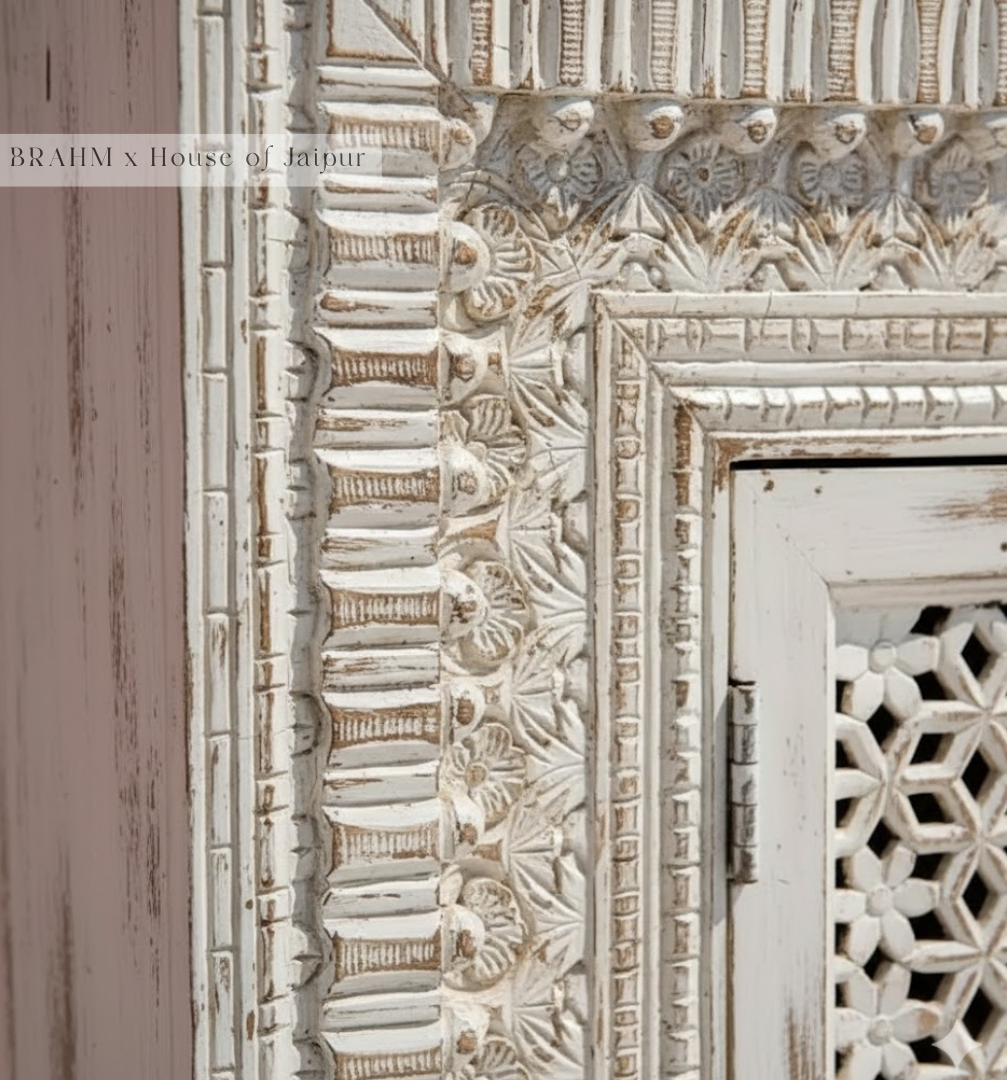 Gulnaar Hand-Carved Floral Dresser – Distressed White Jaipur Chest