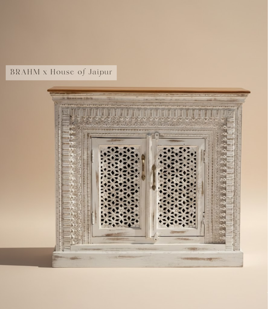 Gulnaar Hand-Carved Floral Dresser – Distressed White Jaipur Chest