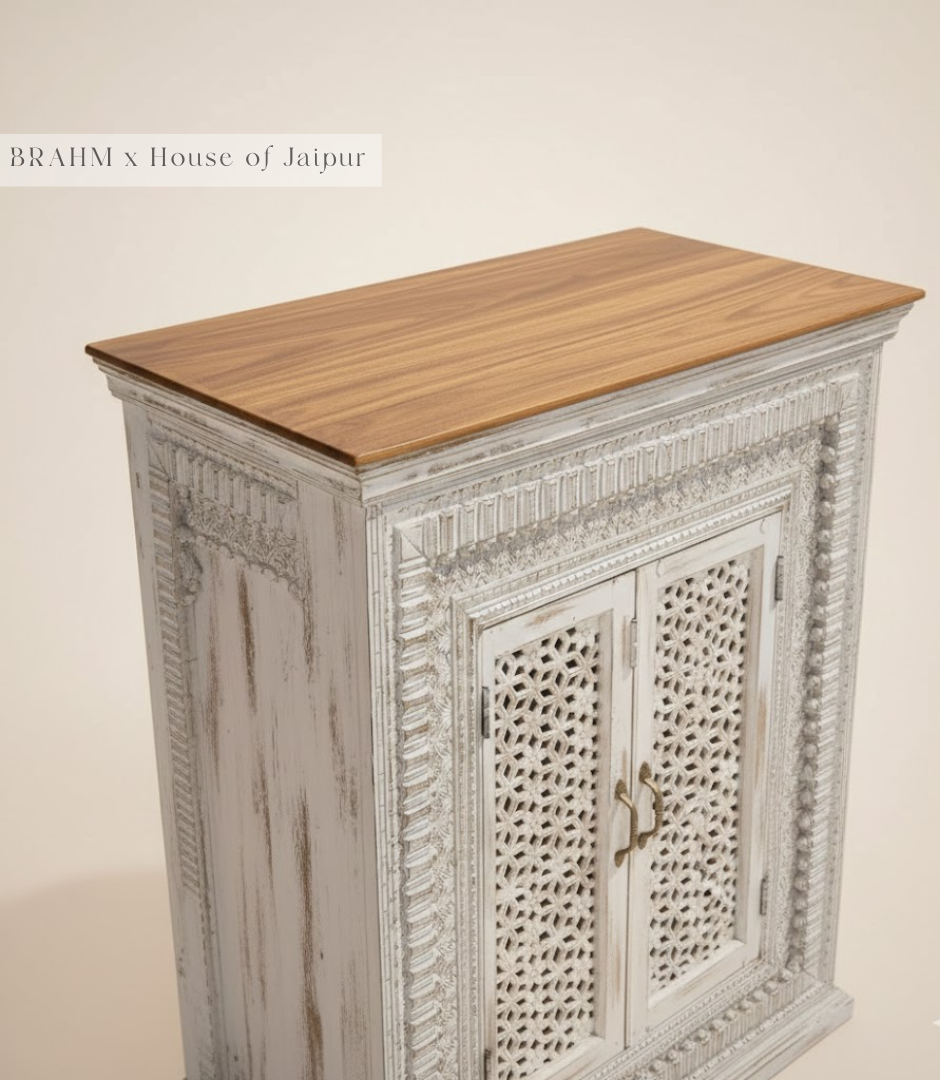 Gulnaar Hand-Carved Floral Dresser – Distressed White Jaipur Chest