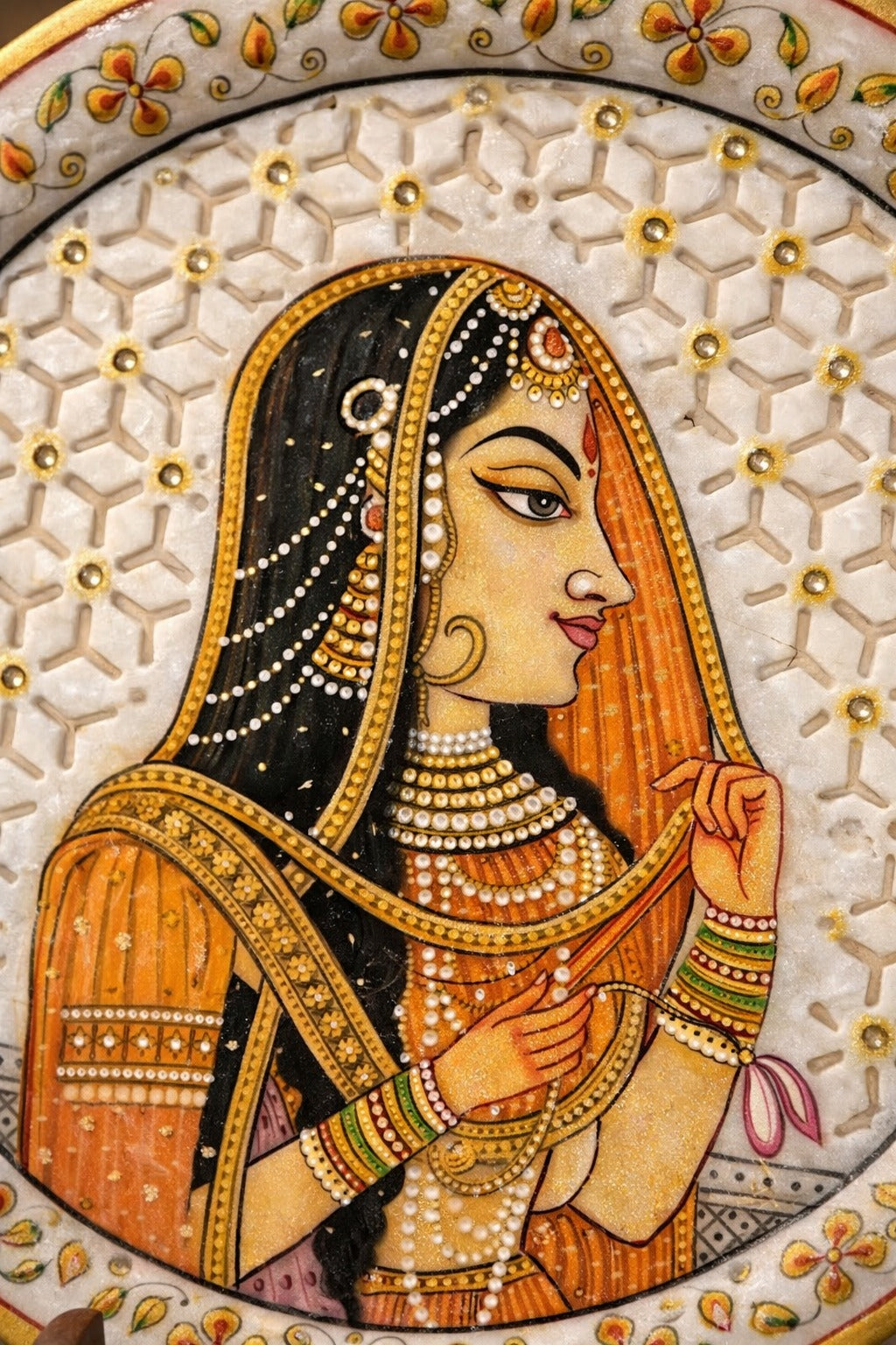 Veiled Grace of Rajputana – Rajasthani Miniature Marble Plate