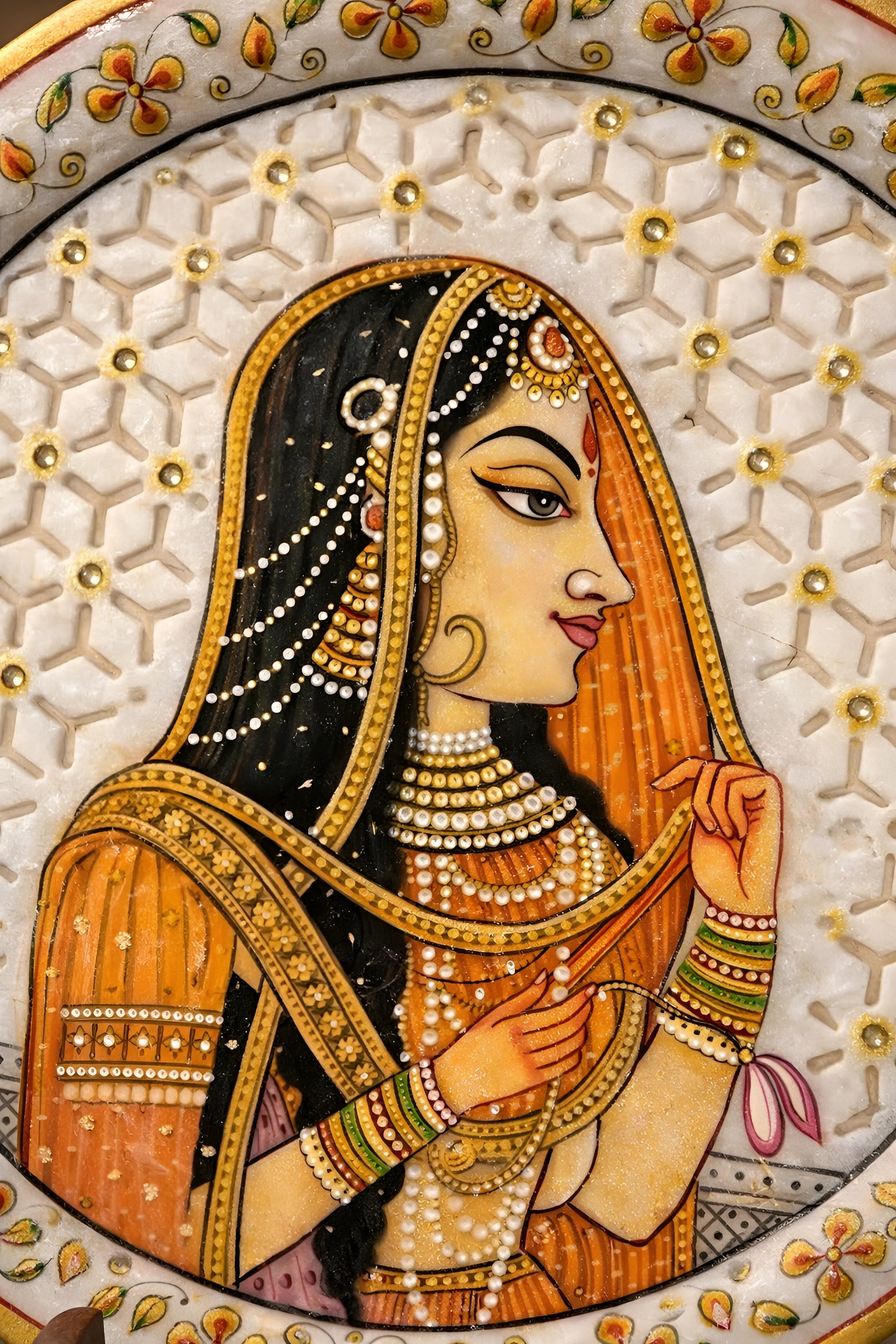 Veiled Grace of Rajputana – Rajasthani Miniature Marble Plate