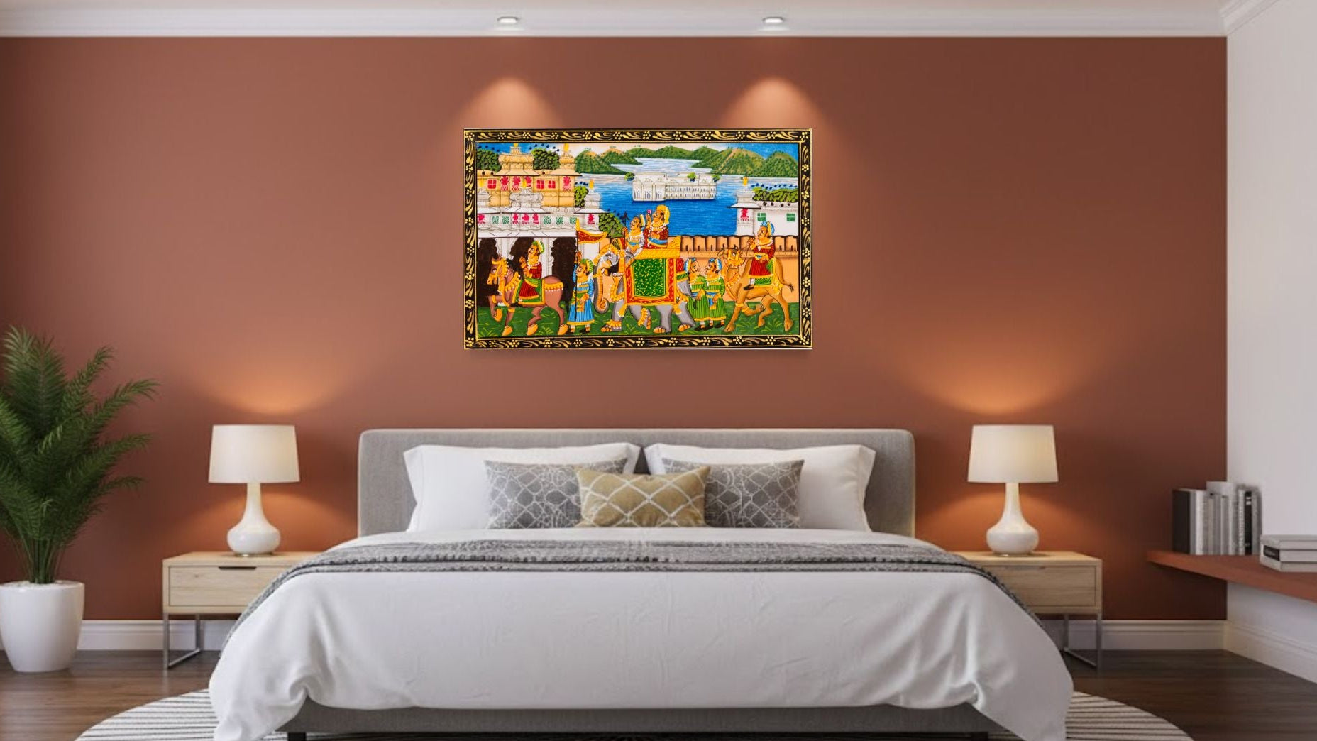 Bedroom with a colorful painting on the wall above a bed.