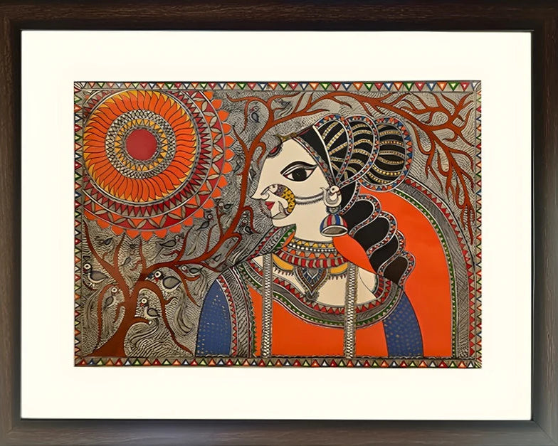 Framed traditional art piece with a woman's portrait and intricate patterns.