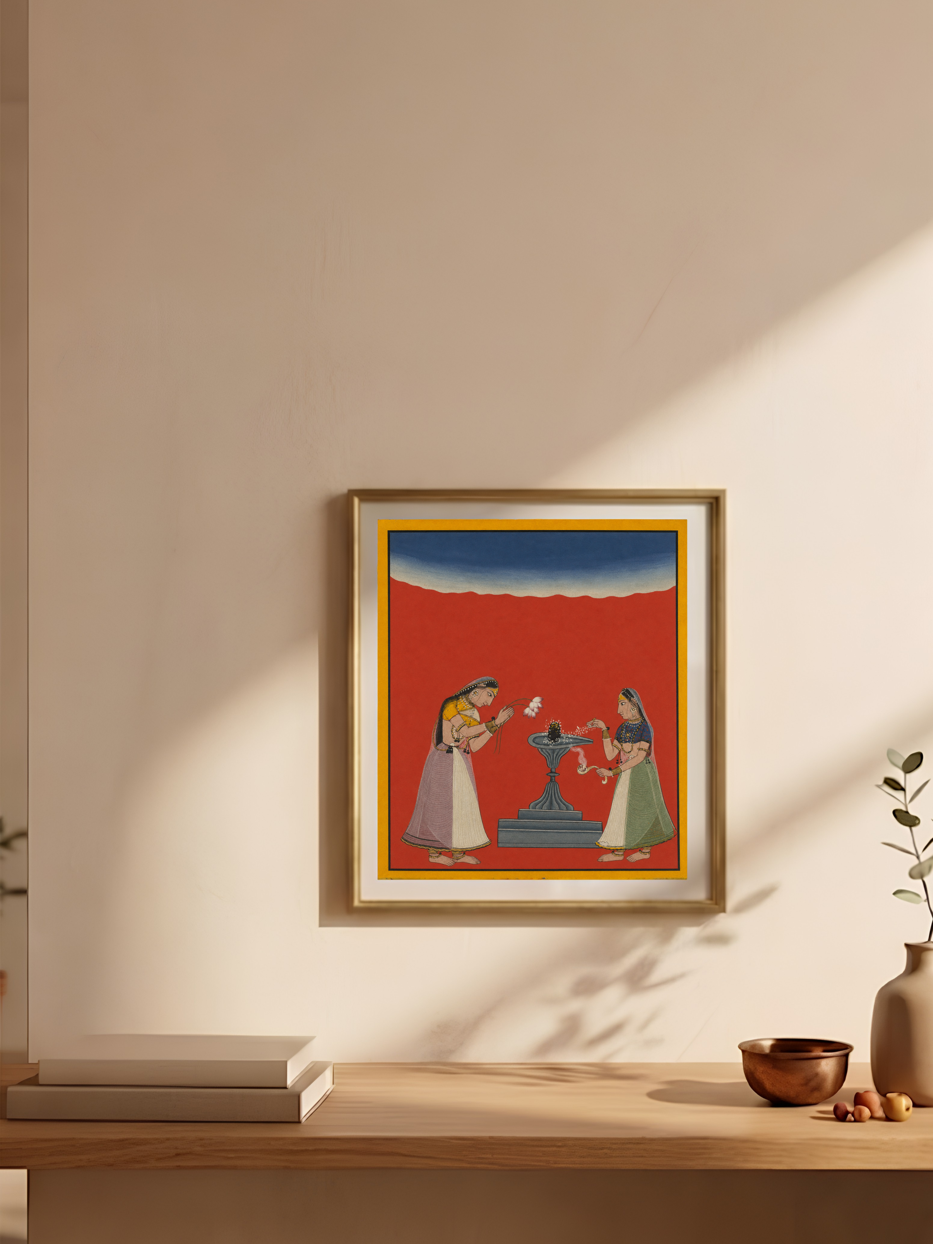 'Devagandhari Ragini: Women Worshipping a Shiva Linga' Canvas Cloth Print, c.1700