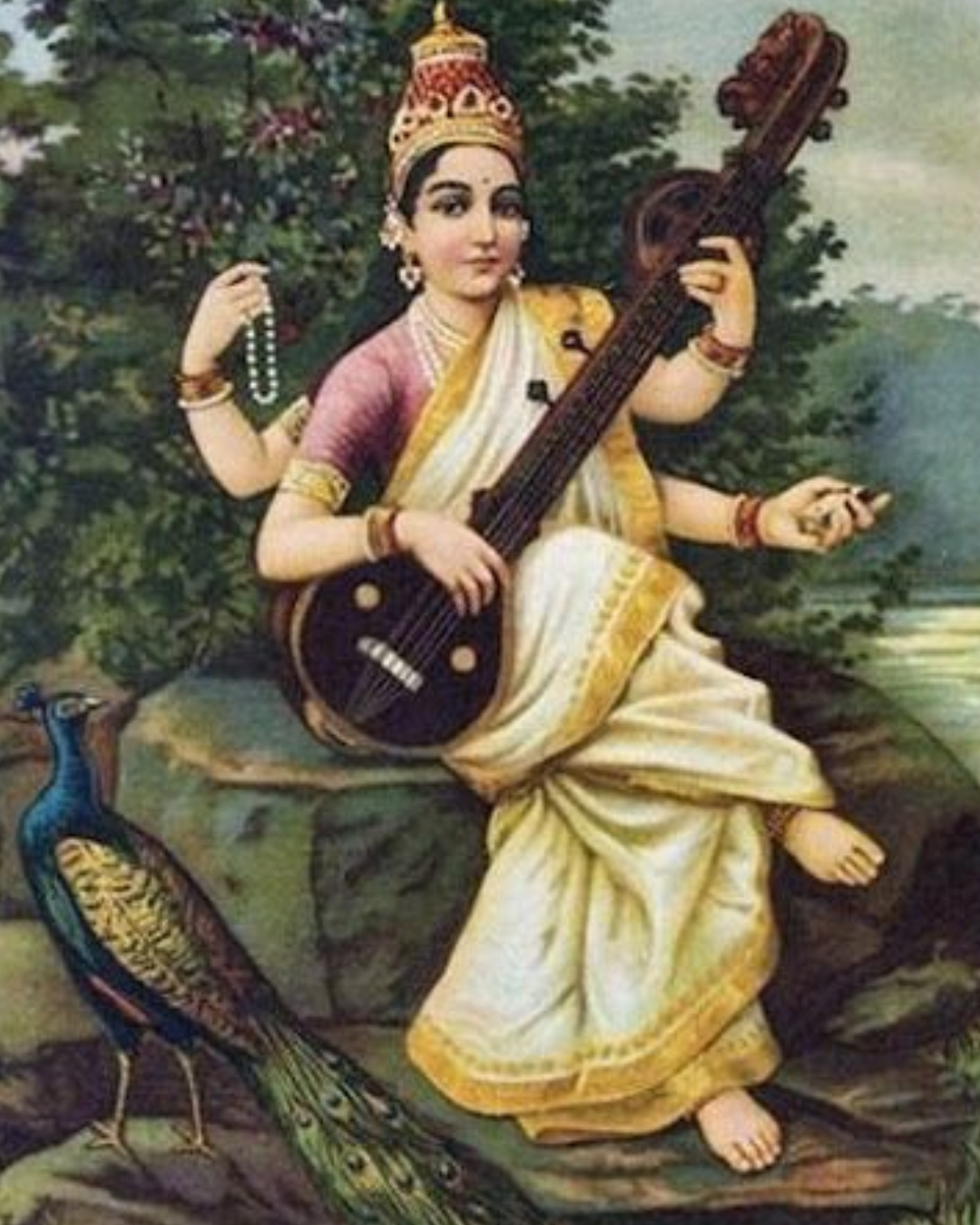 Raja Ravi Varma – "Saraswati" (1896): The Embodiment of Knowledge, Music, and Wisdom