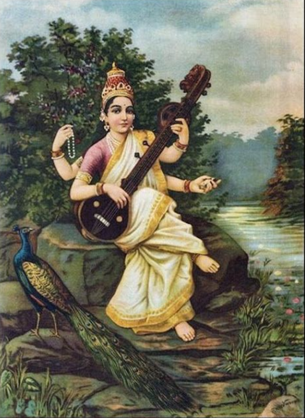 Raja Ravi Varma – "Saraswati" (1896): The Embodiment of Knowledge, Music, and Wisdom