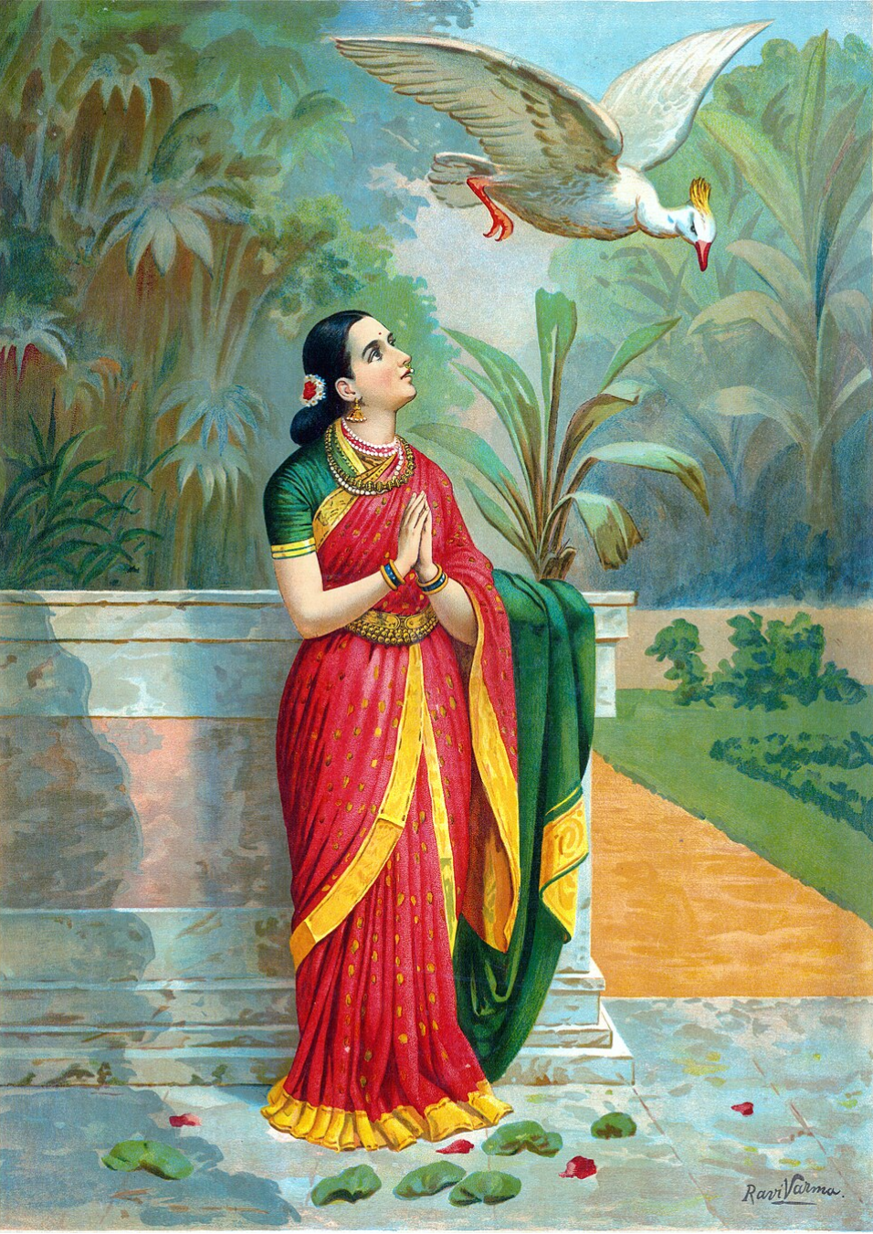 Raja Ravi Varma – "Hamsa Damayanti": Love's Divine Messenger in the Palace Garden