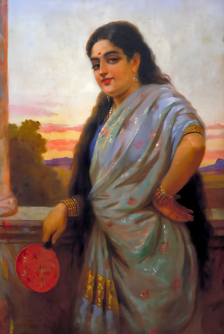 Raja Ravi Varma – "Woman Holding a Fan" (1895): An Elegy to Poise and Feminine Refinement