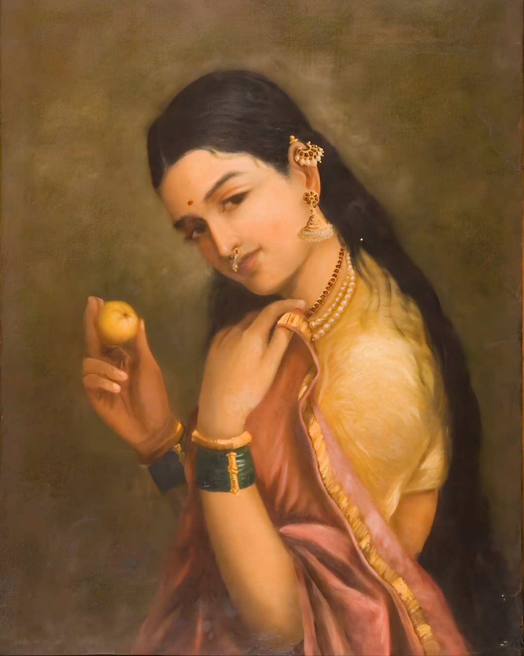 Raja Ravi Varma – "Woman Holding a Fruit": A Study in Grace, Beauty, and Quiet Contemplation