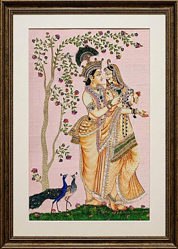 Radha Krishna Pink Raw Silk Tapestry