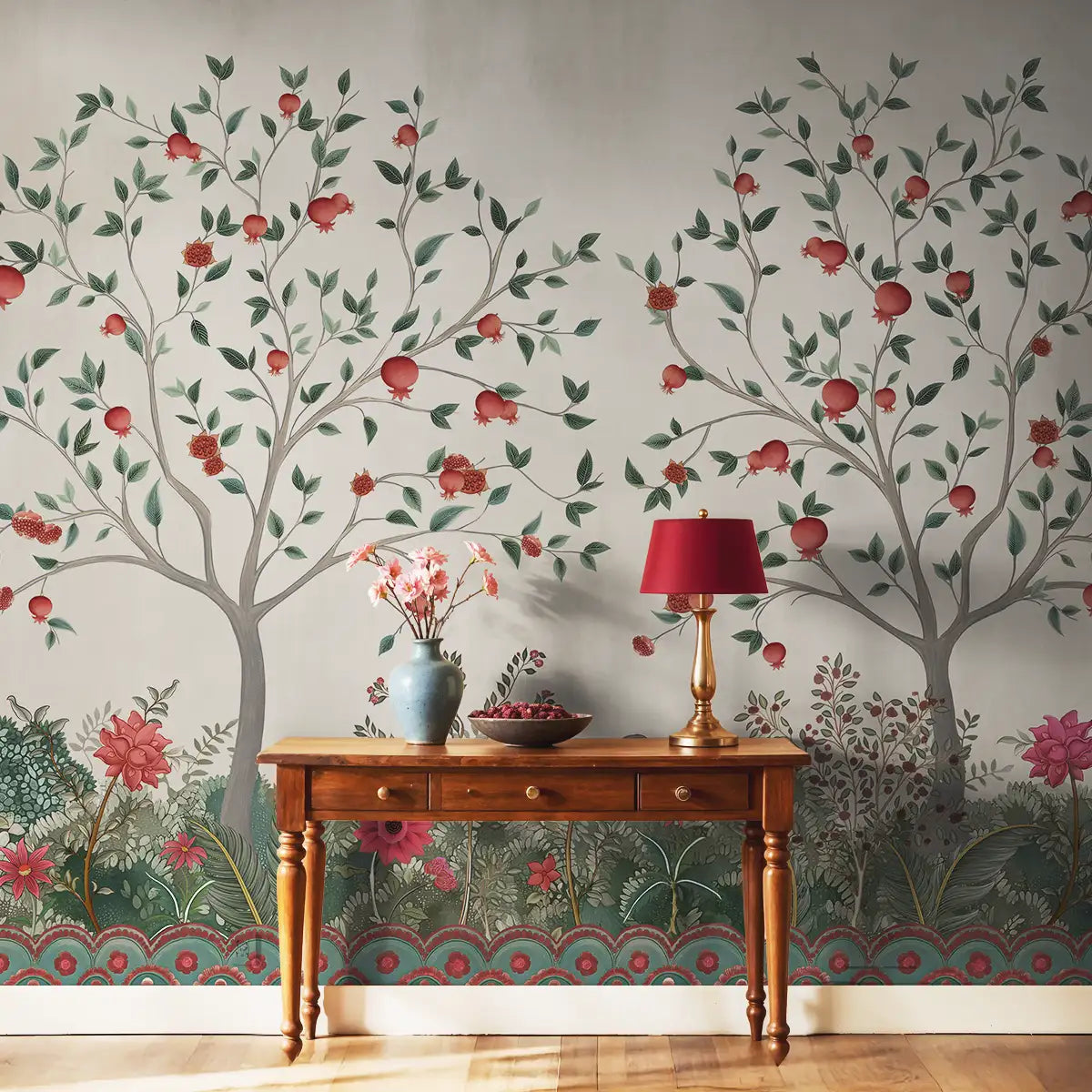 Opulent horizon inspired wall design featuring Rang Baag motifs with rich layers and a refined, luxurious landscape aesthetic