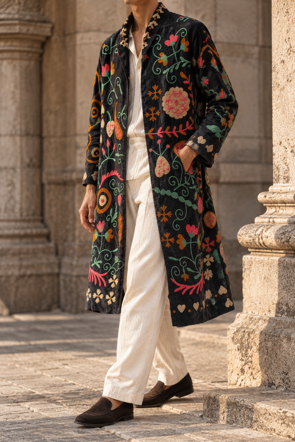 Rangrez Coat (Unisex) – Black Multicolour Embroidered Coat
