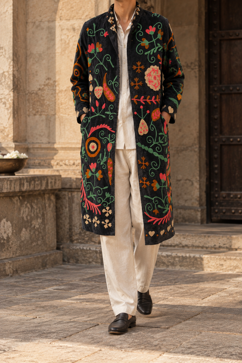Rangrez Coat (Unisex) – Black Multicolour Embroidered Coat