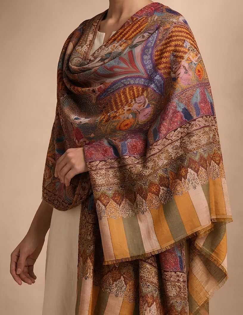 Rangrez Kalamkari Stole (Unisex) – Multicolour Mughal Narrative Fine Wool