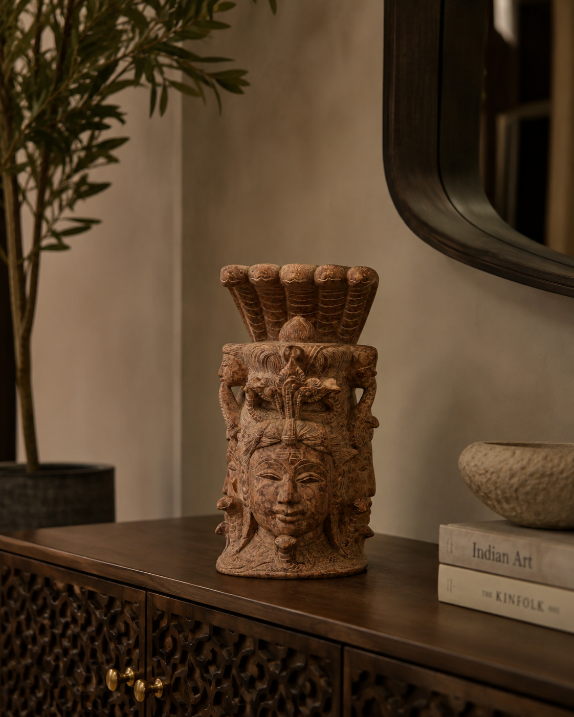Red Stone 'Trimurti' Sculpture