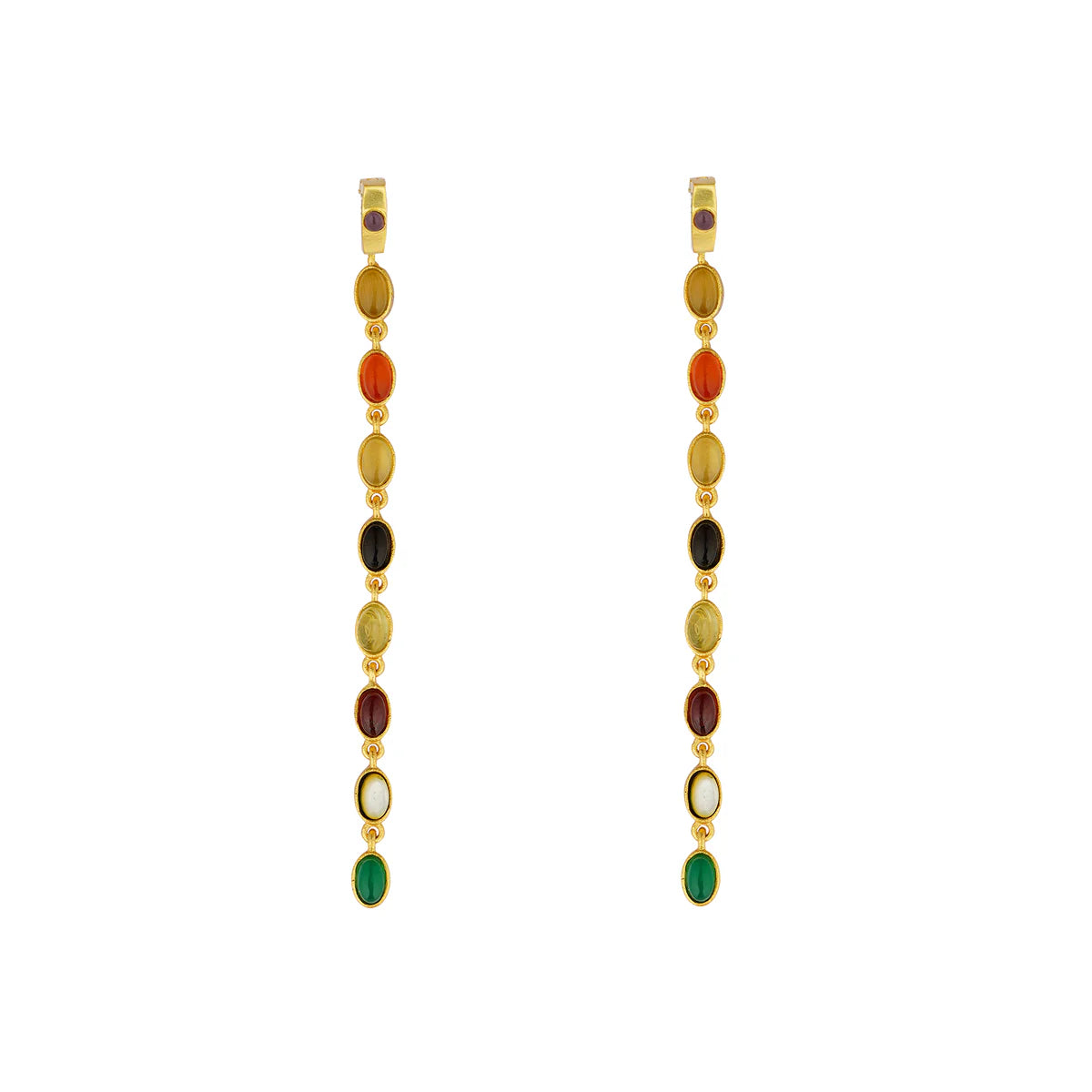 gold-plated polished chakra-inspired multistone drop statement earrings for women, spiritual boho jewelry for occasion wear