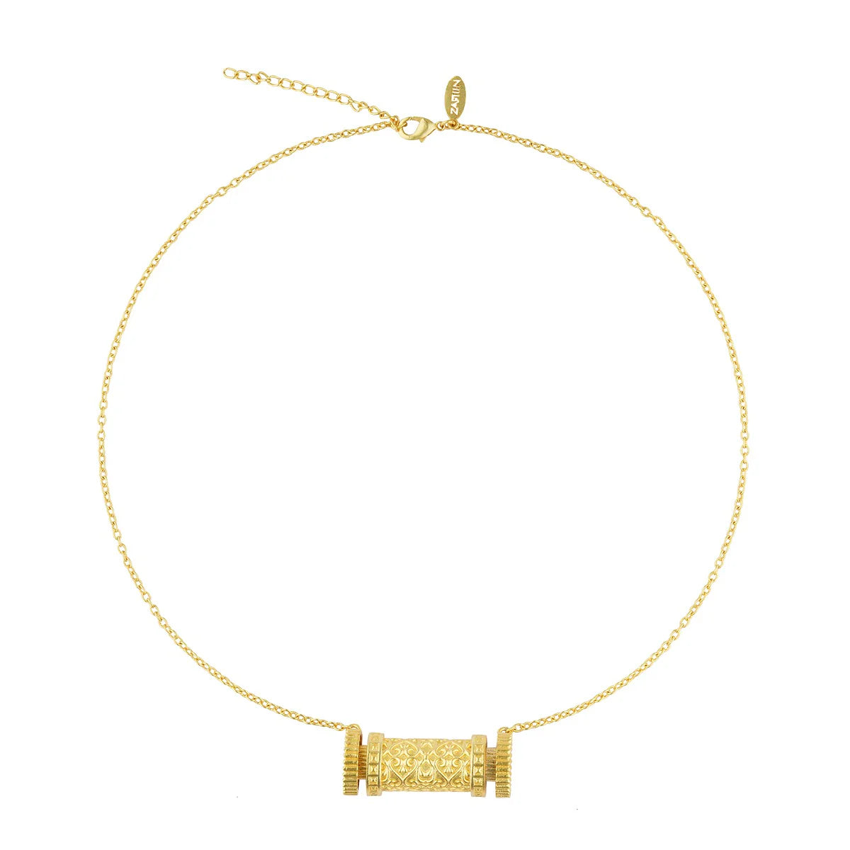 minimalist gold-plated cylinder scroll pendant on chain, polished gold tone necklace for women, perfect daily wear jewelry