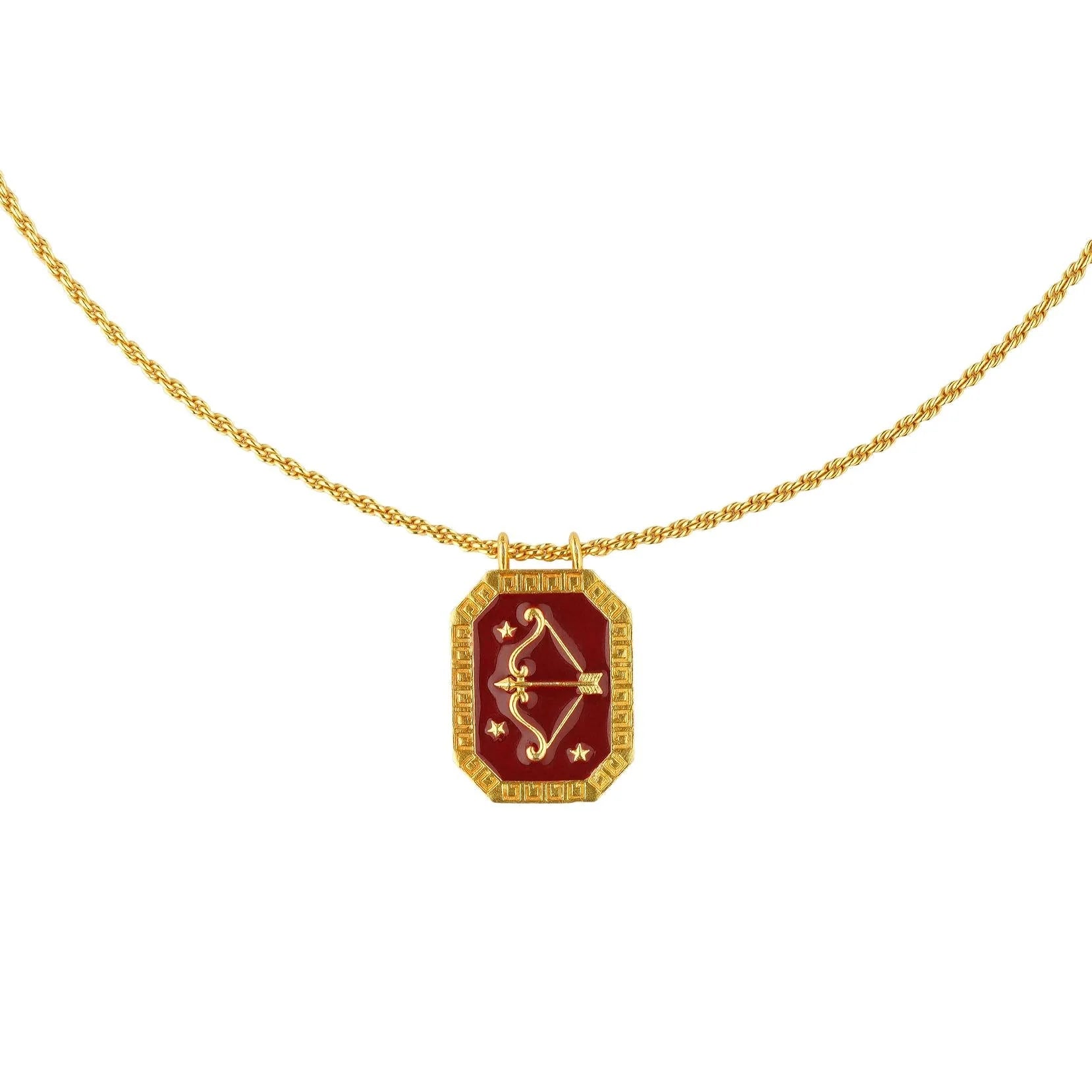 Gold-plated rectangular Sagittarius zodiac pendant necklace with red enamel tablet