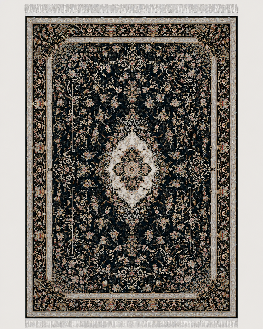 Samar Silk & Wool Blend Carpet – Burgundy Teal Medallion Scatter