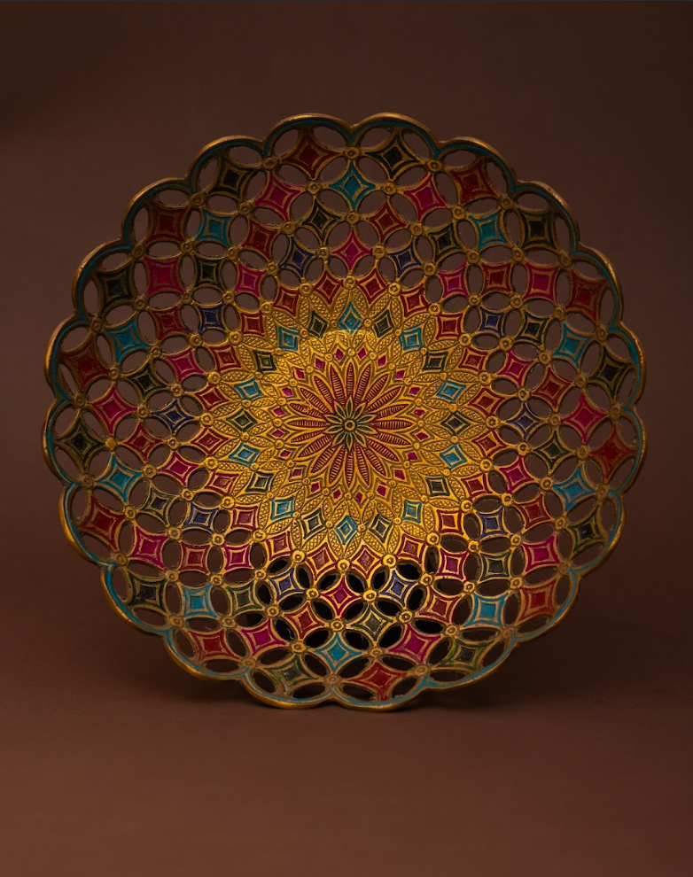 Geometric Ornate Fruit Bowl in Brass