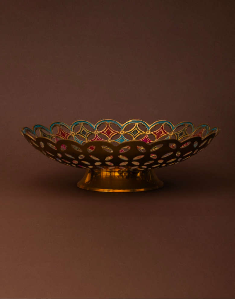 Geometric Ornate Fruit Bowl in Brass
