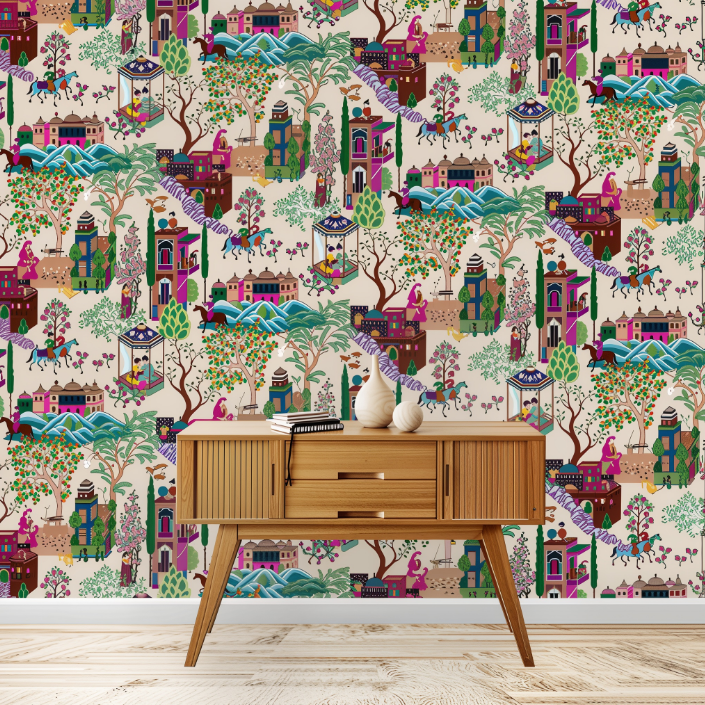 Decorative wallpaper with colorful patterns of buildings, trees, and people for living room