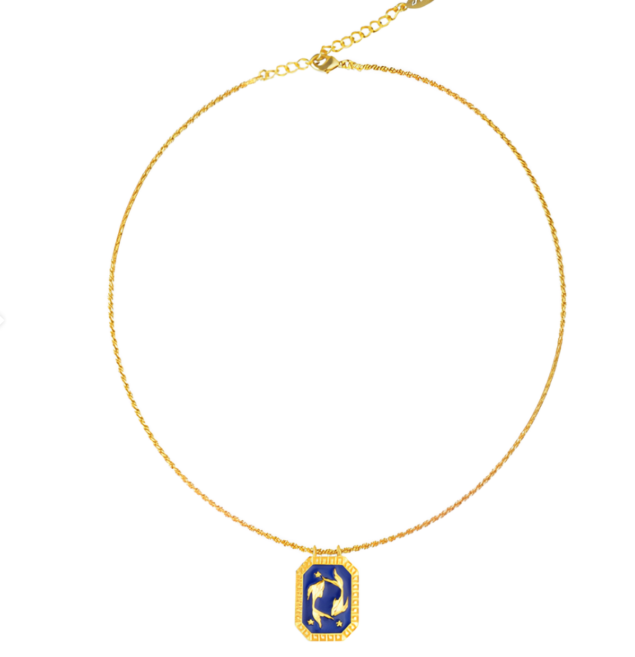 Pisces Zodiac Tablet Reversible Necklace with Aquamarine