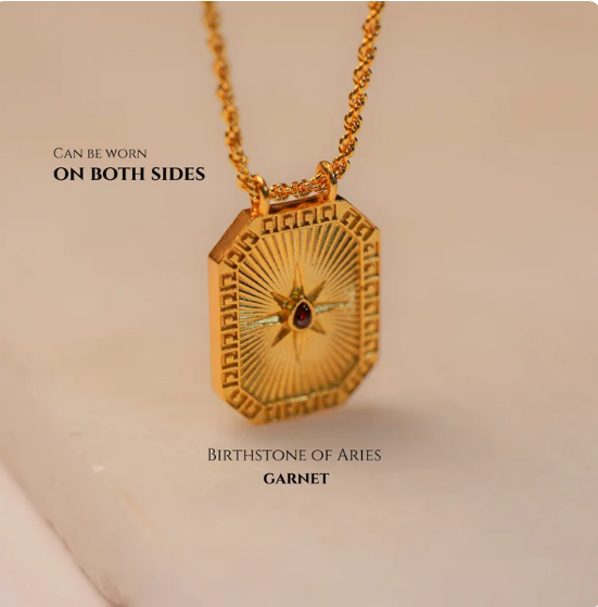 Capricorn Zodiac Tablet Reversible Necklace with Garnet