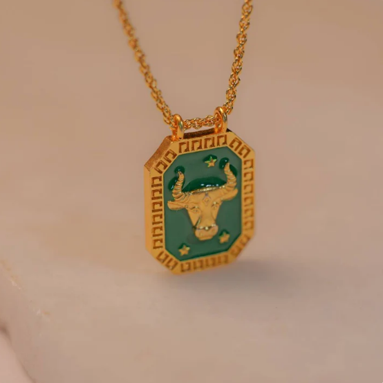 Taurus Zodiac Tablet Reversible Necklace with Chrysoprase