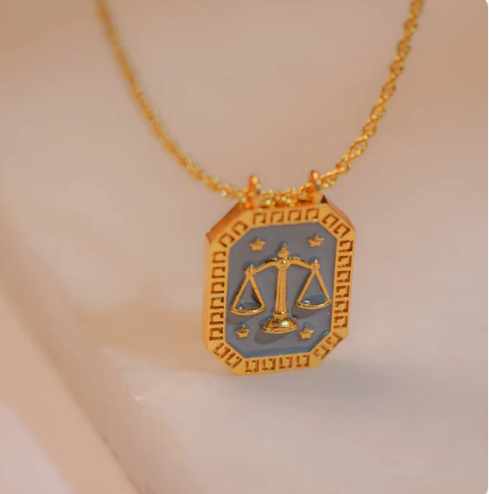 Libra Zodiac Tablet Reversible Necklace with Opal