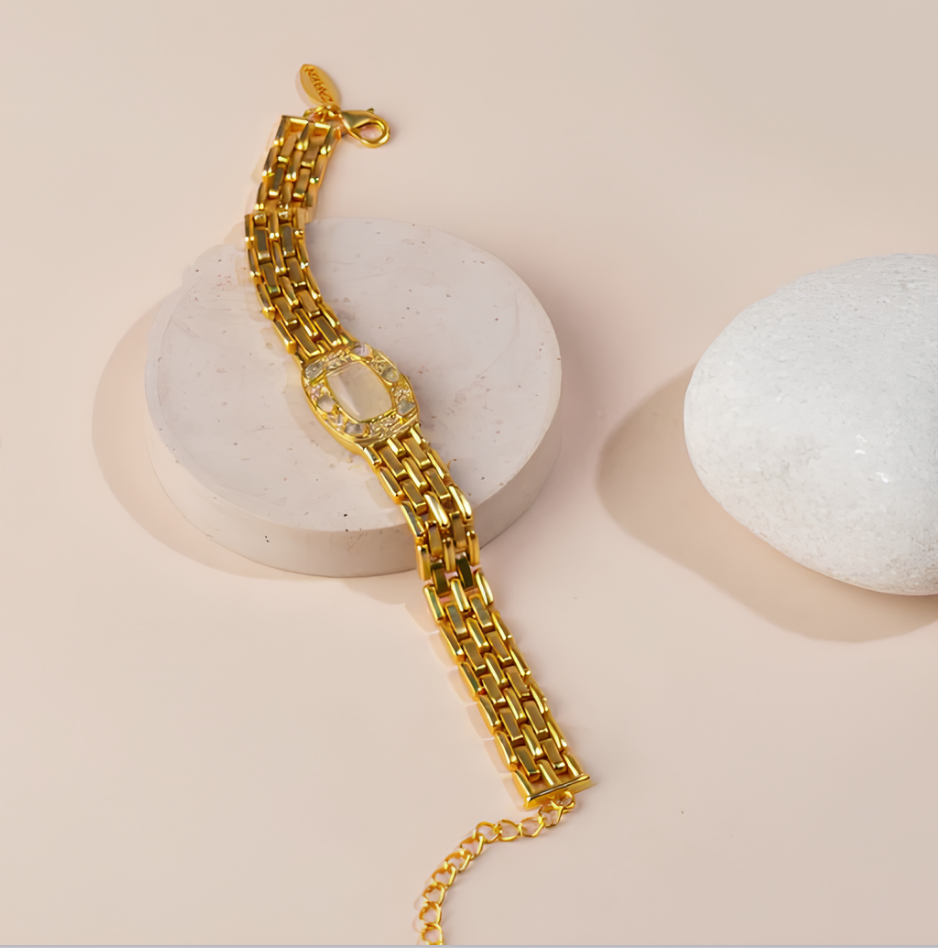 gold-plated polished moonstone bracelet, oval gemstone unisex jewelry for everyday wear