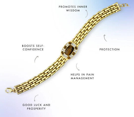 polished gold-tone unisex bracelet with oval tiger’s eye stone, daily wear protection jewelry