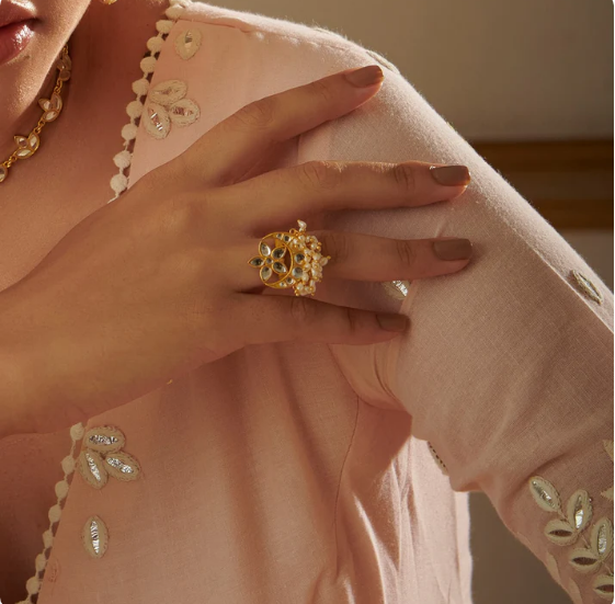 Chaand Phool Ring with Mirror Polki and Pearls