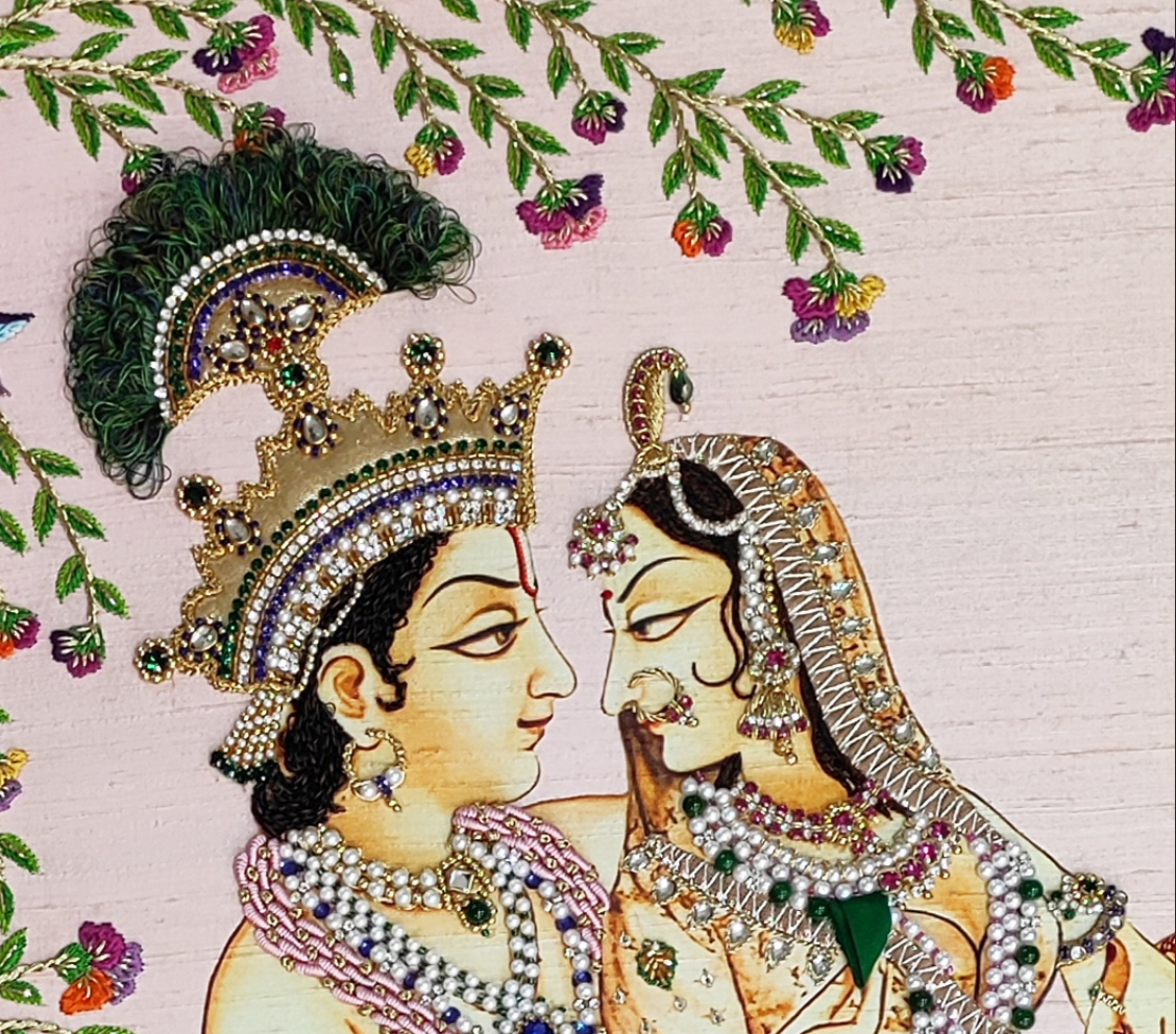 Radha Krishna Pink Raw Silk Tapestry