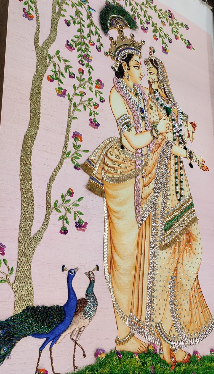 Radha Krishna Pink Raw Silk Tapestry
