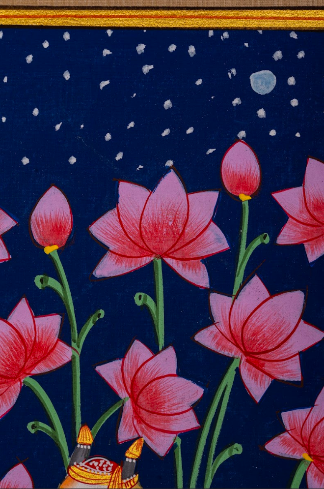 Sacred Cow in the Lotus Garden – Indigo Pichwai Painting (Set of 2)