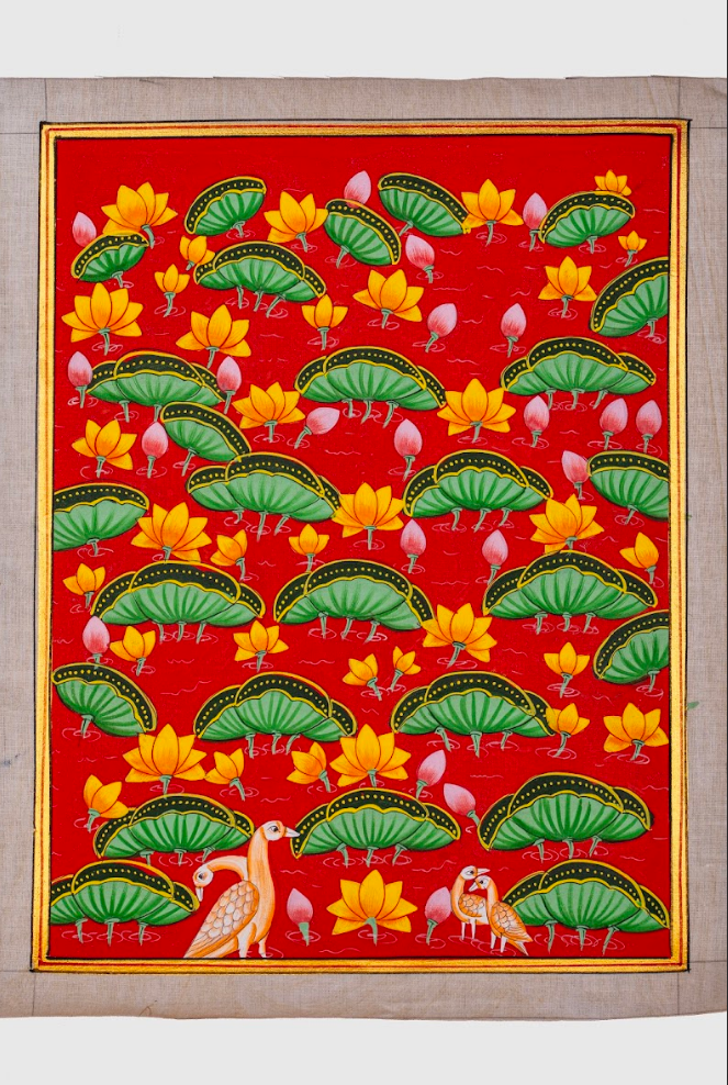 Crimson Lotus Garden - Pichwai Painting