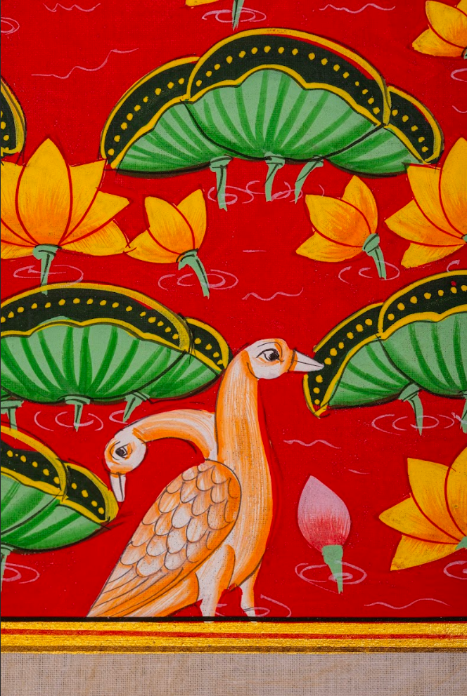 Crimson Lotus Garden - Pichwai Painting